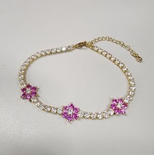 Pink Floral & Cubic Zirconia Tennis Bracelet Gold-tone Classy Feminine Party